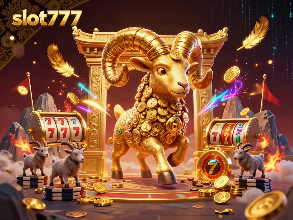 Engage with slot777 in a vibrant scene featuring a golden ram charging through a jackpot-themed gateway.