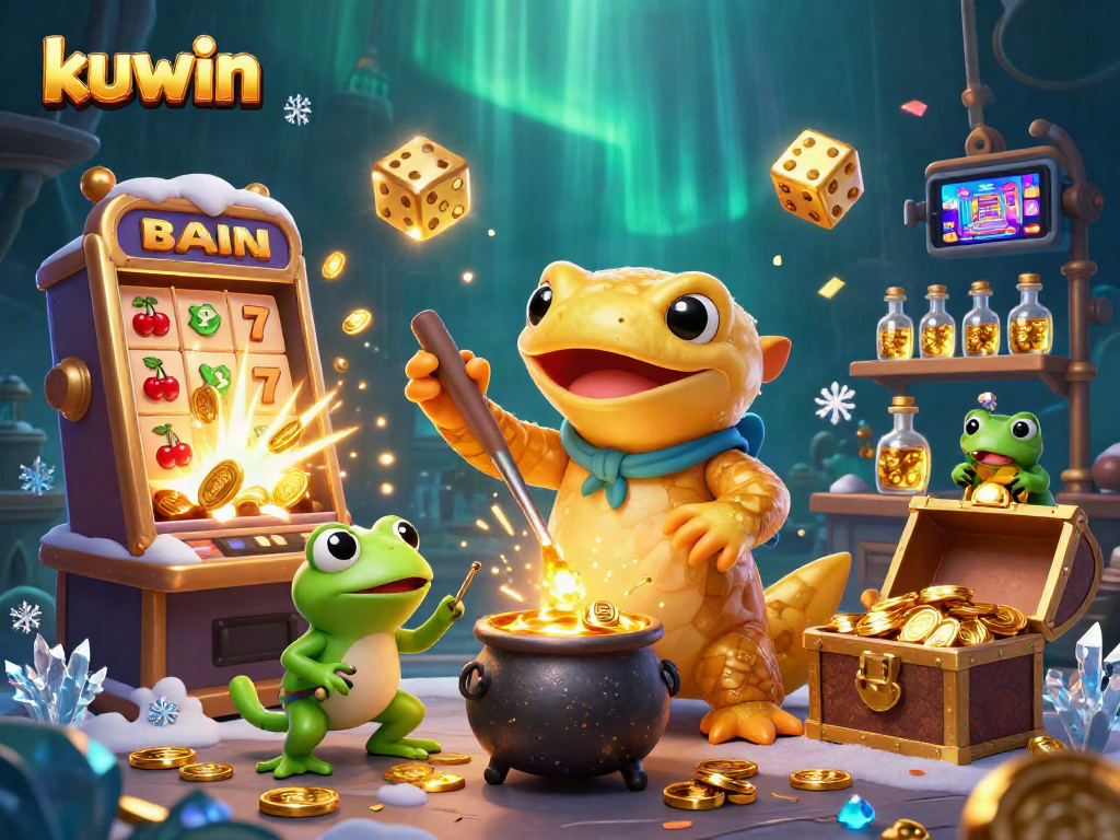 Kuwin jackpot burst with engaging 3D characters producing gold coins in an exciting casino scene.