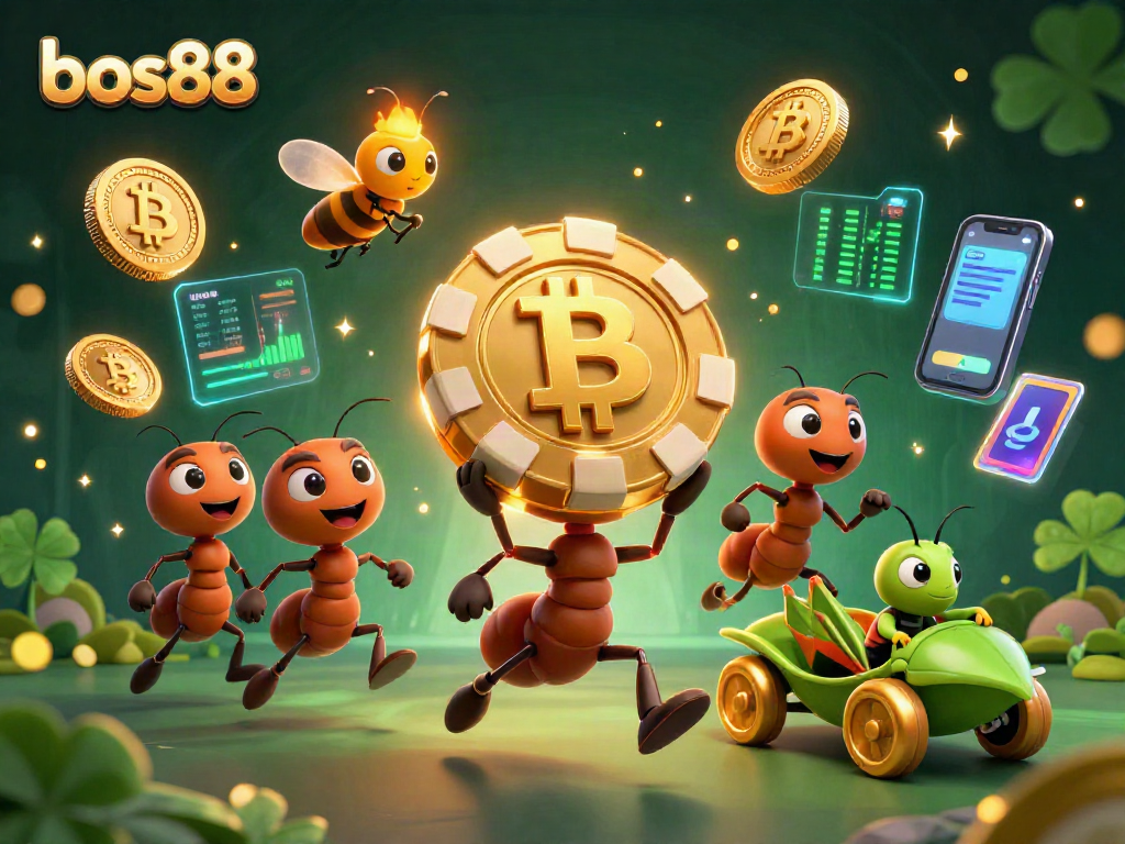 bos88 menyajikan tim semut kartun beraksi mencuri chip poker dalam ilustrasi digital yang penuh warna.
