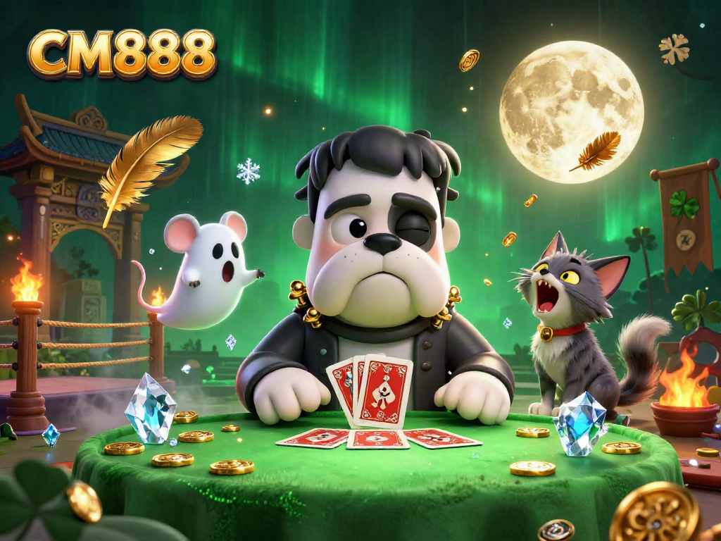 Engage with CM888 while the Frankenstein bulldog deals cards at a spooky casino table.