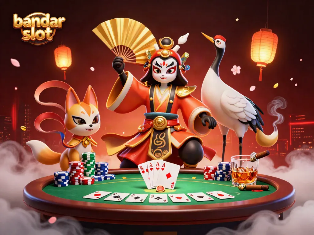 Engage in vibrant Bandar Slot action with a kabuki warrior and kitsune amidst casino elements.