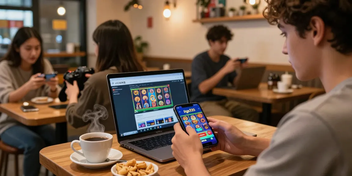 Pengguna liga335 bermain slot digital di kafe dengan suasana hangat dan ramai.