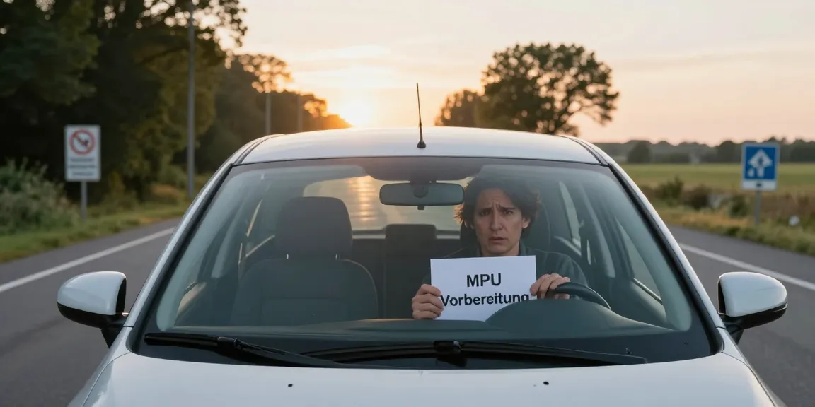 Ein Fahrer bereitet sich auf die MPU wegen Alkohol vor, sichtbar besorgt mit einem Dokument auf dem Schoß.