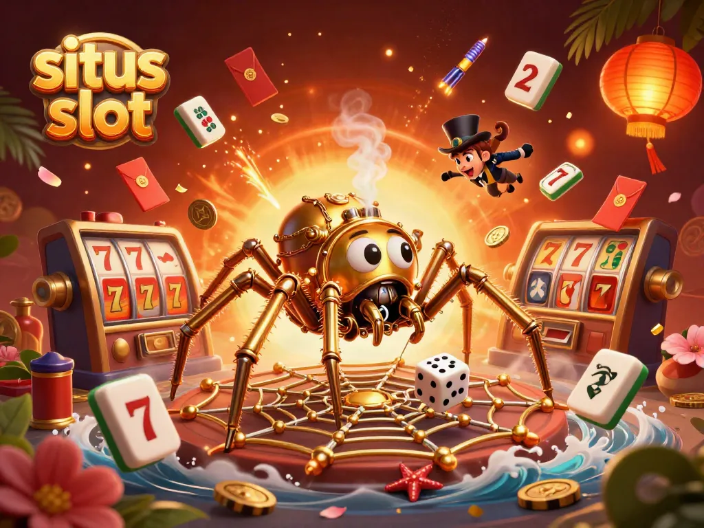 Engage with the enchanting world of situs slot through this lively 3D illustration featuring a whimsical steampunk spider and themed gambling elements.