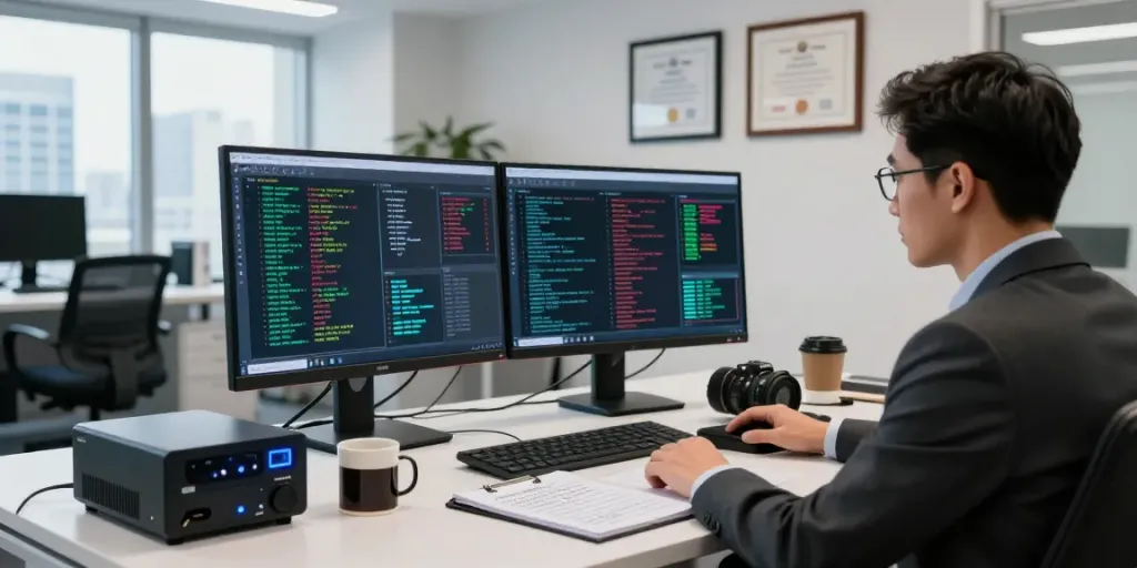 Blockchain forensics investigation with an analyst analyzing complex transactions in a modern office setting.