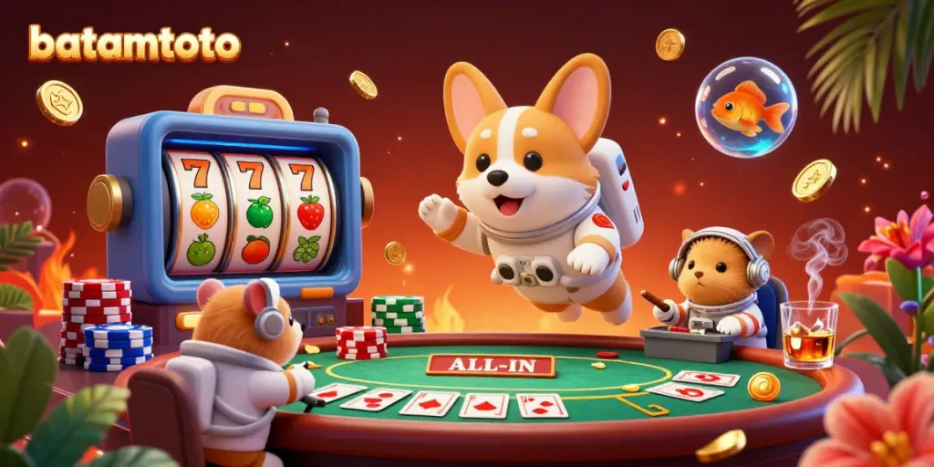 Pemain meraih jackpot dengan batamtoto di kasino luar angkasa, menyaksikan corgi astronaut bermain slot.