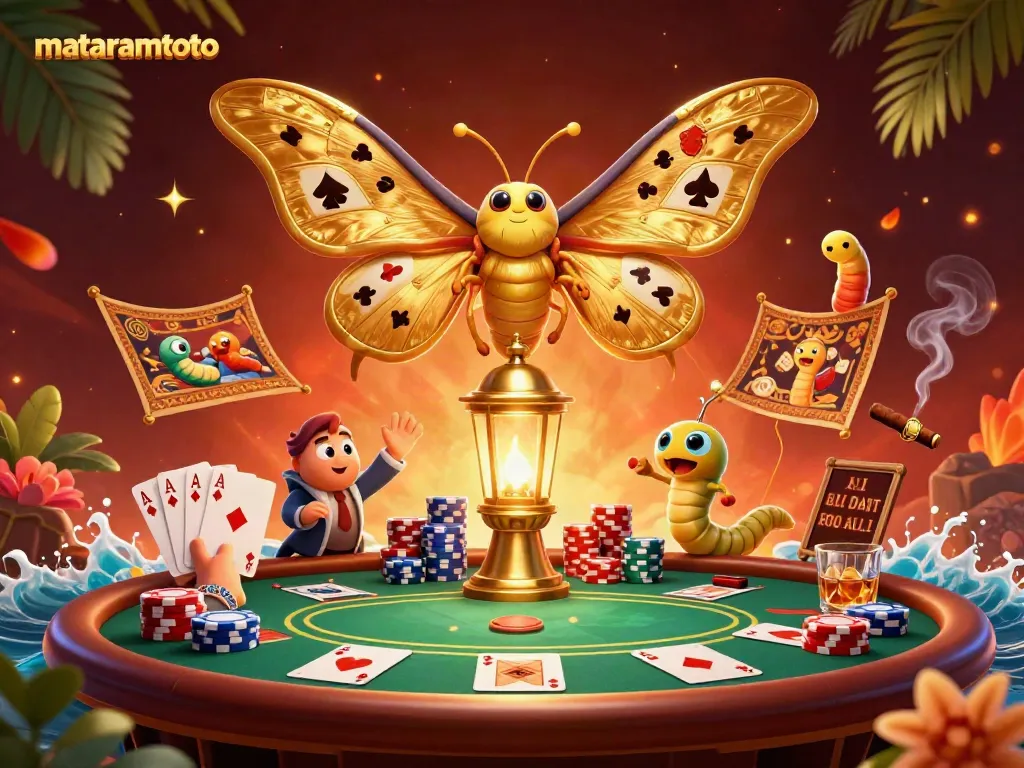 Experience the thrill of mataramtoto with a visually stunning display of casino themes featuring a vibrant 3D atlas moth and dynamic poker elements.