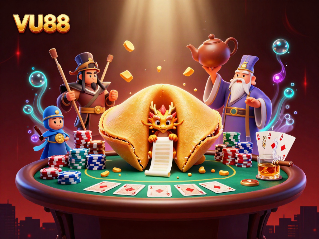 Experience VU88's excitement with dynamic poker elements in a vibrant casino scene