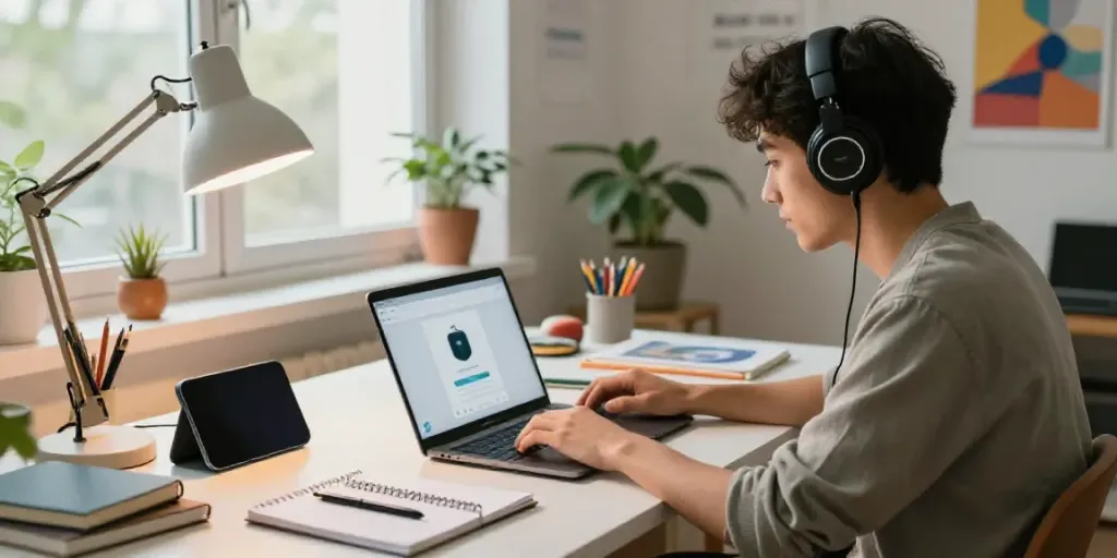 Content creator using an AI MP3 to text converter in a vibrant workspace filled with creative tools.