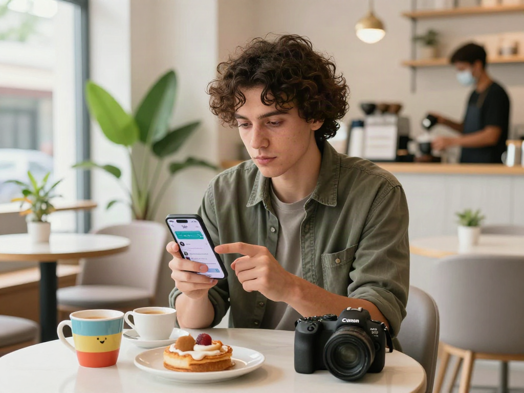 Person analyzing their age with a smartphone app in a café, exploring how old do I look.