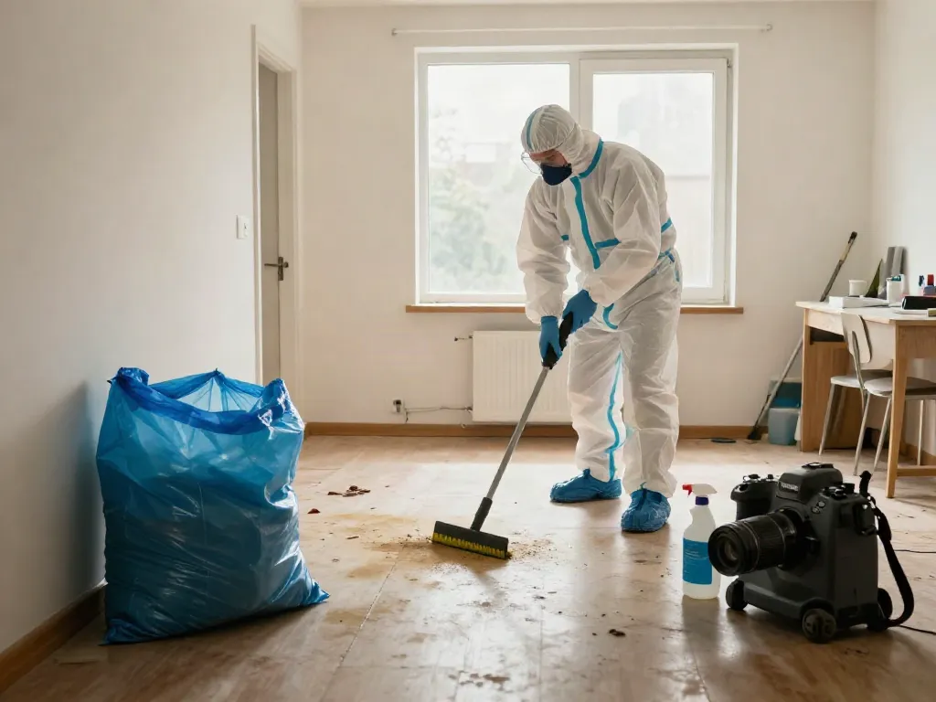Professionelle Tatortreinigung in einer Wohnung, Techniker in Schutzkleidung bei der Reinigung mit speziellen Geräten.
