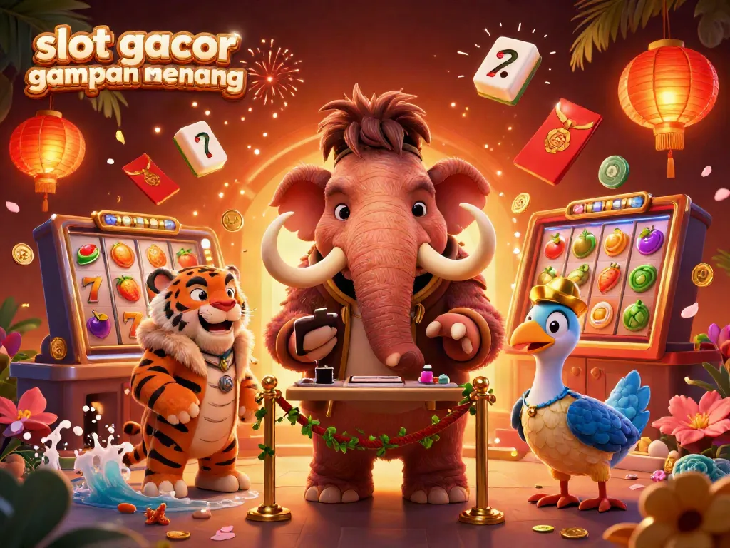 Engage with thrilling slot gacor gampang menang moments at a vibrant casino scene featuring a woolly mammoth bouncer.