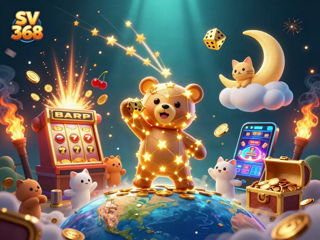 Engage with sv 368’s thrilling slots as a constellation bear scoops gold coins amidst explosive jackpots.