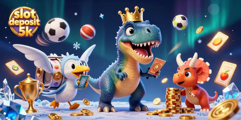 Engage in thrilling action with slot deposit 5k as a T-Rex shuffles reels surrounded by festive casino elements.