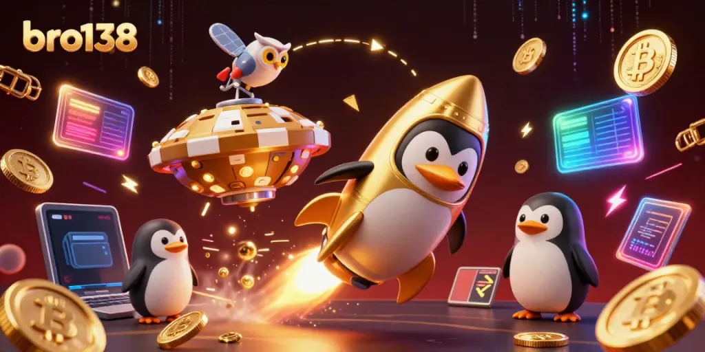 Experience the excitement of bro138 with a golden penguin racing towards a casino station in space.