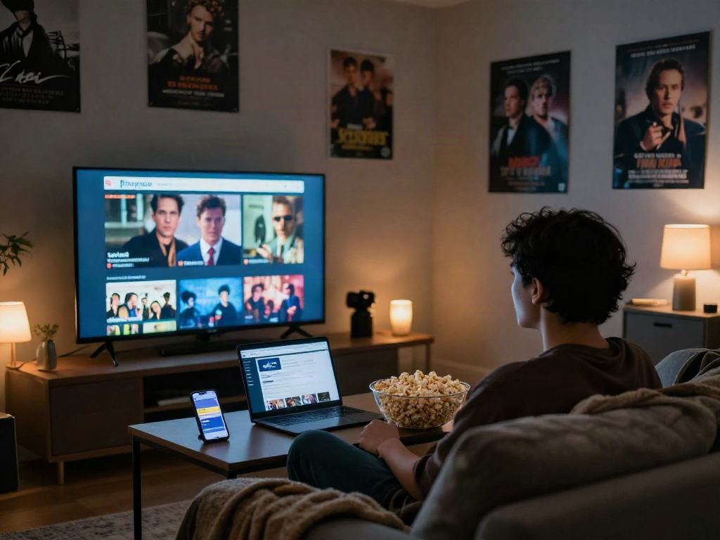 Engaging home cinema scene featuring a film enthusiast enjoying movies on Filmyzilla