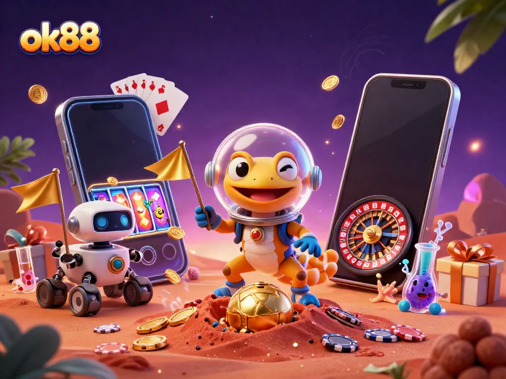 Experience thrilling gaming action at ok88 with a Martian gecko exploring a casino.