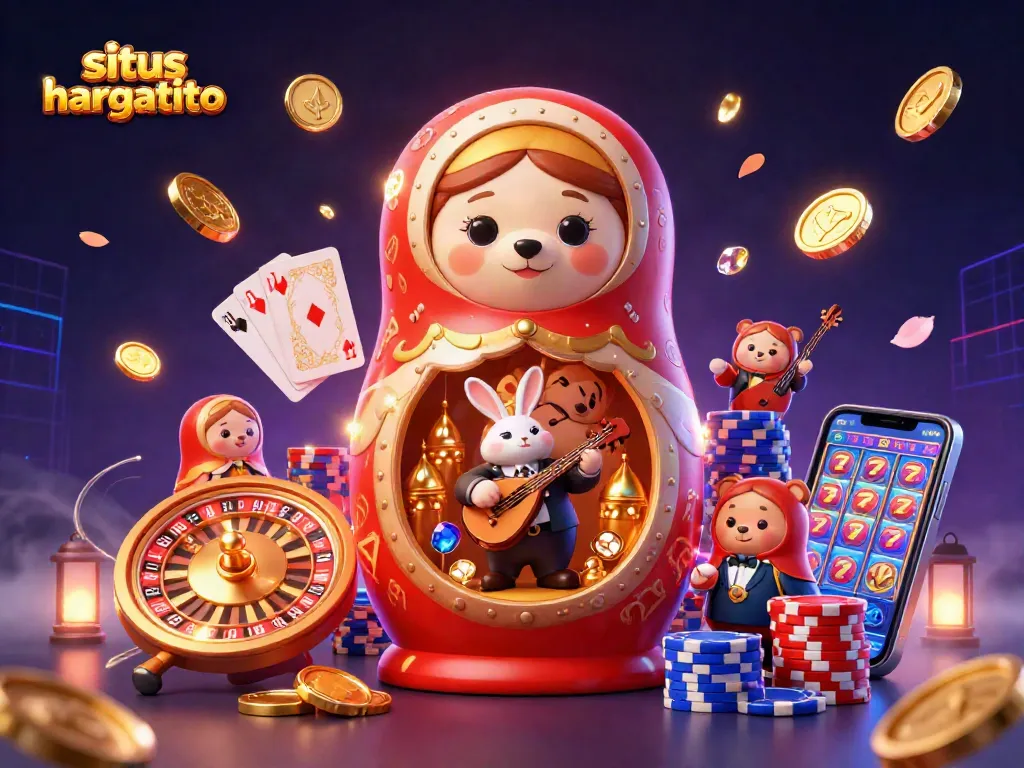 Engage with situs hargatoto in an artistic scene featuring vibrant casino elements and characters.