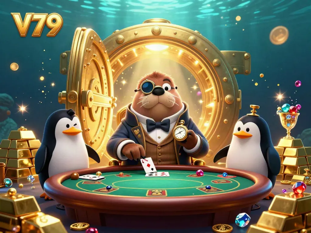 V79 scene showcasing a jolly walrus playing poker with a penguin dealer and a pufferfish at an underwater table.