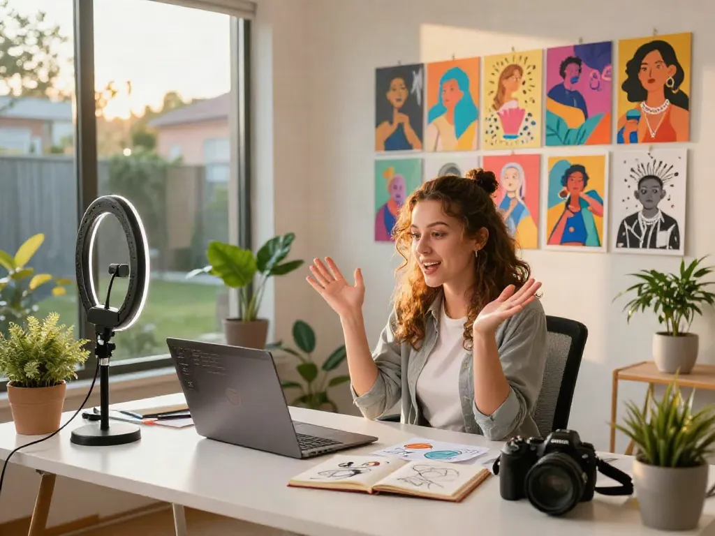 Roma Army OnlyFans creator in a lively home studio, engaging with fans through artistic content.