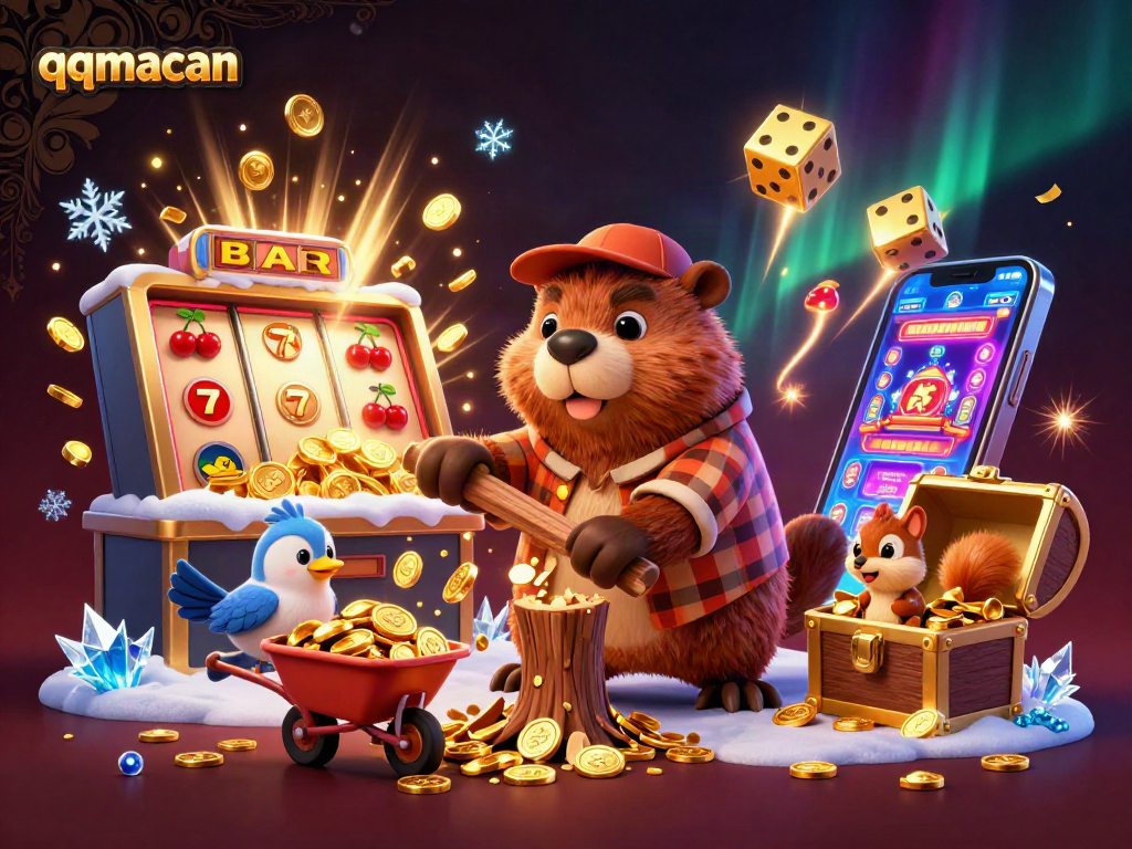 Engage with qqmacan's jackpot through a vibrant 3D scene filled with lively casino imagery and characters.