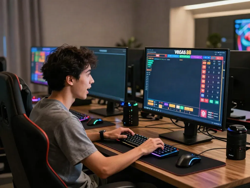 Engaged player using Link Alternatif Vegas88 in a vibrant online gaming setup.