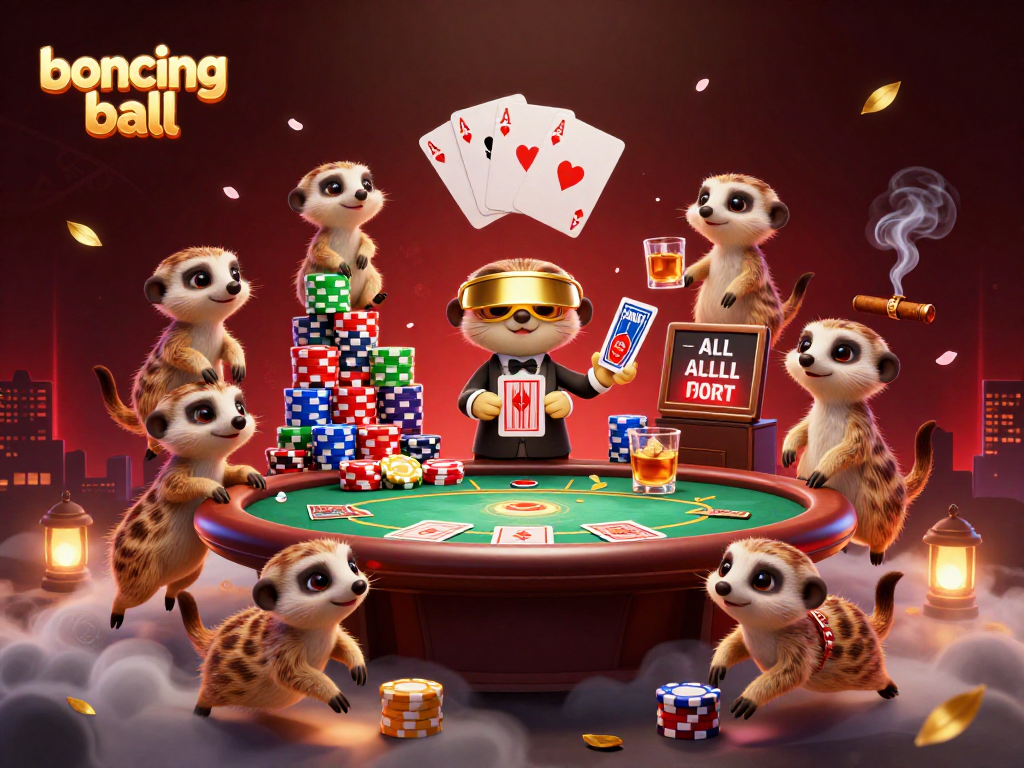 Bouncing ball action scene with meerkats managing a vibrant casino atmosphere filled with poker excitement.