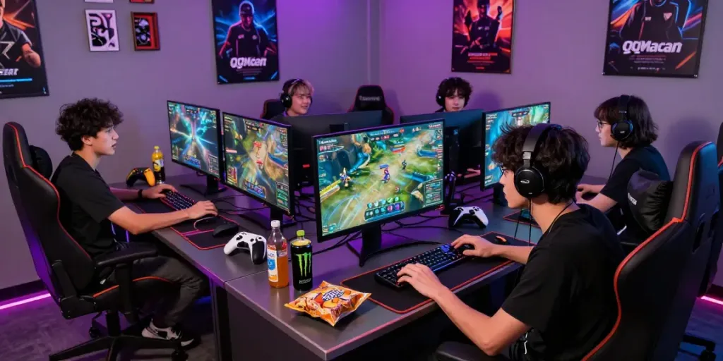 Gamers enjoying an engaging multiplayer session on QQMacan, showcasing vibrant graphics and energy.