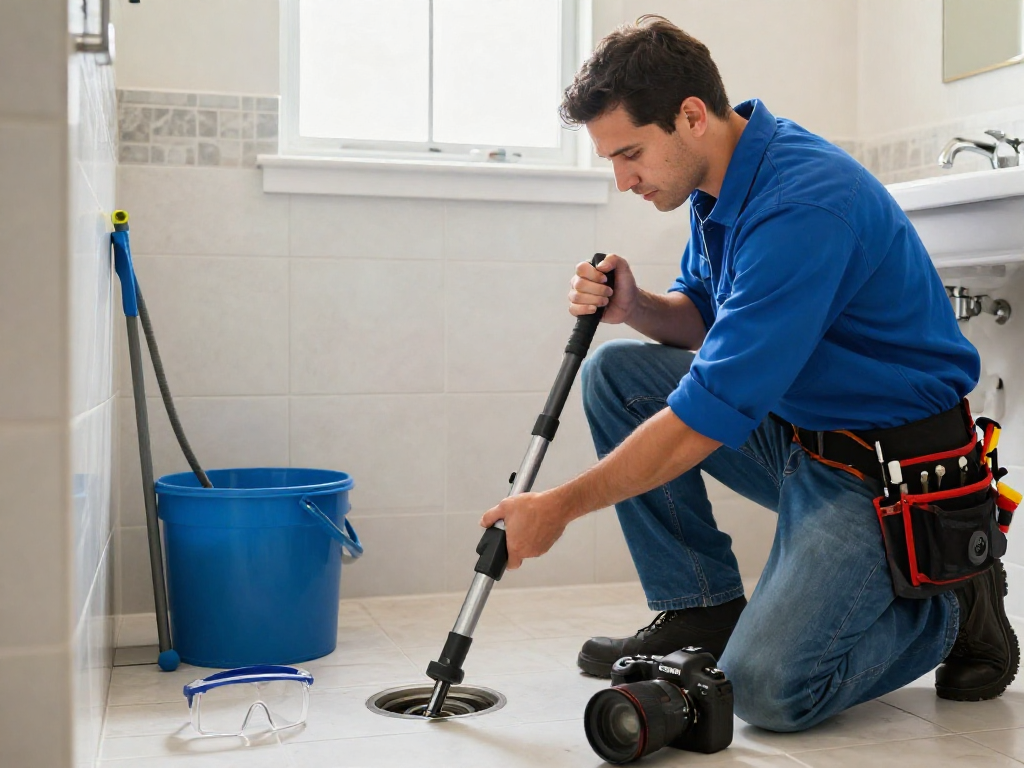 Professional plumber performing drain cleaning Fort Worth service in a bright bathroom environment.