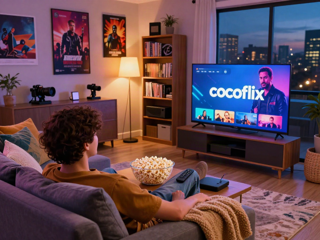 Cocoflix streaming scene with user relaxing on couch, popcorn, and TV.