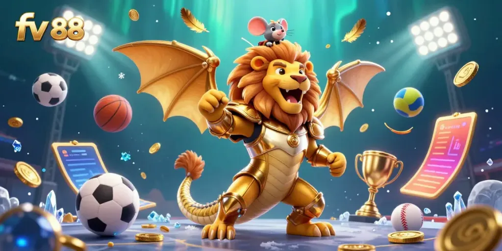 Experience exhilarating bets with fv 88's dynamic 3D casino scene featuring characters and sports elements.