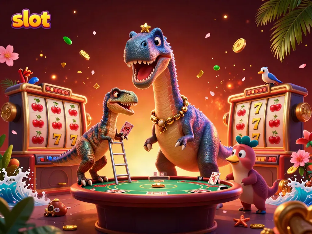 Engage with vibrant slot action featuring a cartoon brachiosaurus and raptor in a lively casino scene.