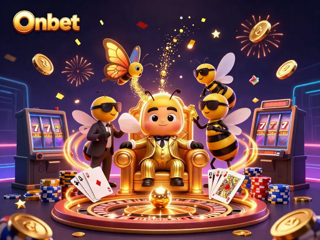 Win at Onbet with a thrilling 3D casino scene featuring a bumblebee mob boss and sparkling game elements.