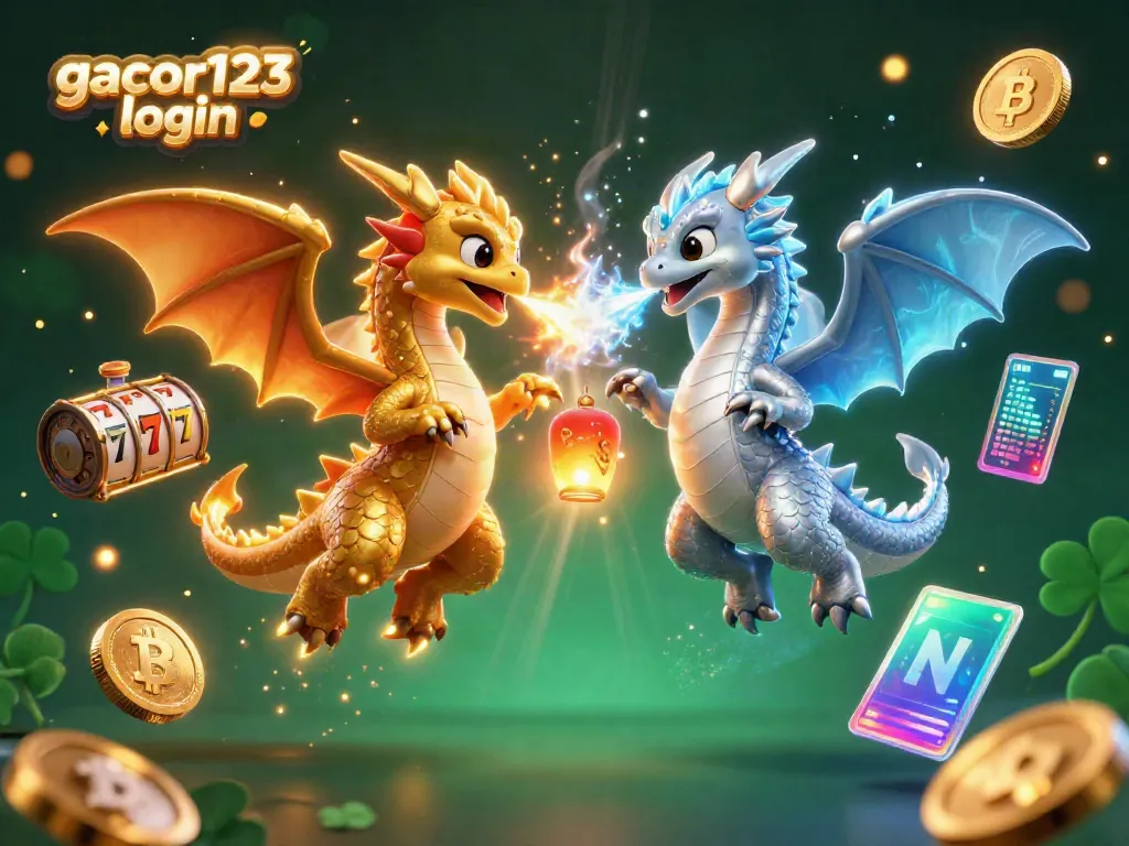 Experience the excitement of gacor123 login with dynamic gaming elements and captivating dragons in vibrant 3D illustration.