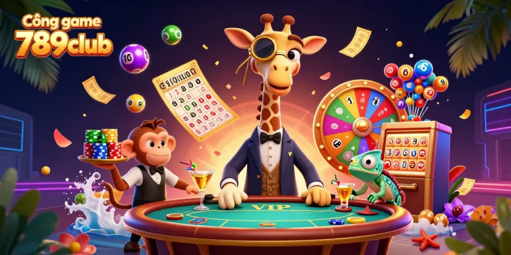 Experience dynamic excitement at Cổng game 789club with a vibrant casino scene featuring a high-roller giraffe, monkey valet, and chameleon bartender.