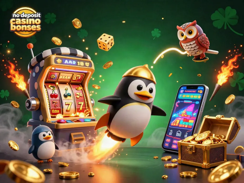 Experience no deposit casino bonuses with a golden penguin blasting through space toward a vibrant casino.