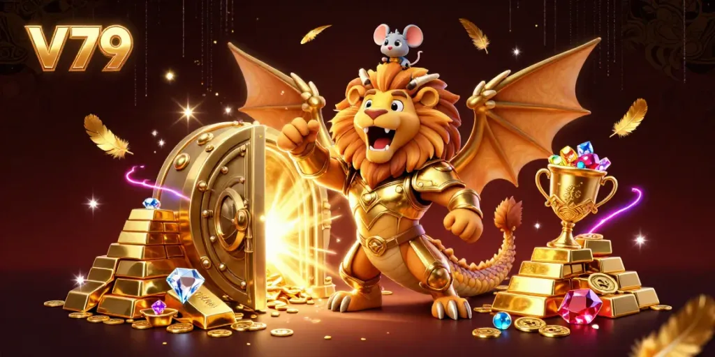 Trải nghiệm V79 với chimera vàng cùng kho báu lấp lánh trong không gian casino trực tuyến.
