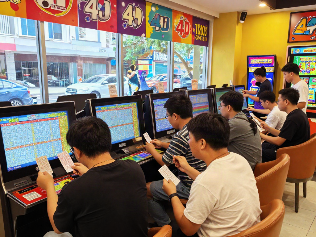 Excited players checking toto 4d lottery results in a modern betting shop.