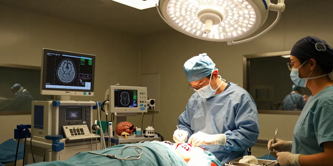 Neurosurgeon performing beyin tümörü ameliyatı in a modern surgical room, highlighting high-tech equipment and focused expertise.