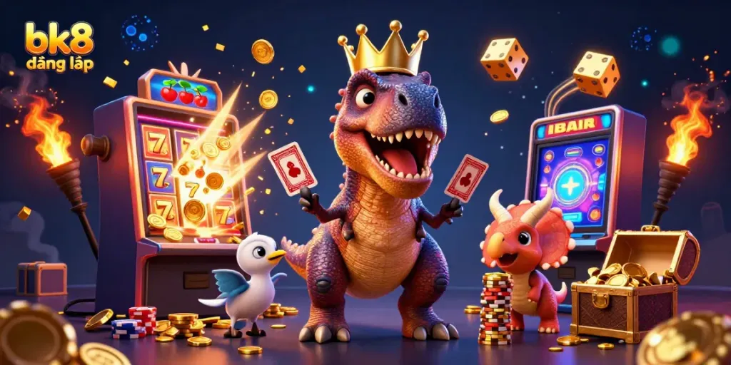 Engage in exciting casino fun with bk8 đăng nhập, featuring a playful T-Rex and friends surrounded by gaming elements.