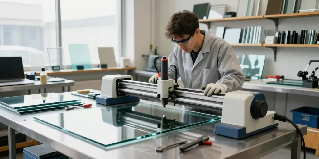 Technician operating a glass cutting machine in a bright workshop, showcasing precision cutting and safety gear.