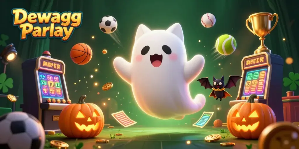 Engage in thrilling Dewagg Parlay action amidst a haunted casino scene filled with vibrant characters and dynamic sports elements.