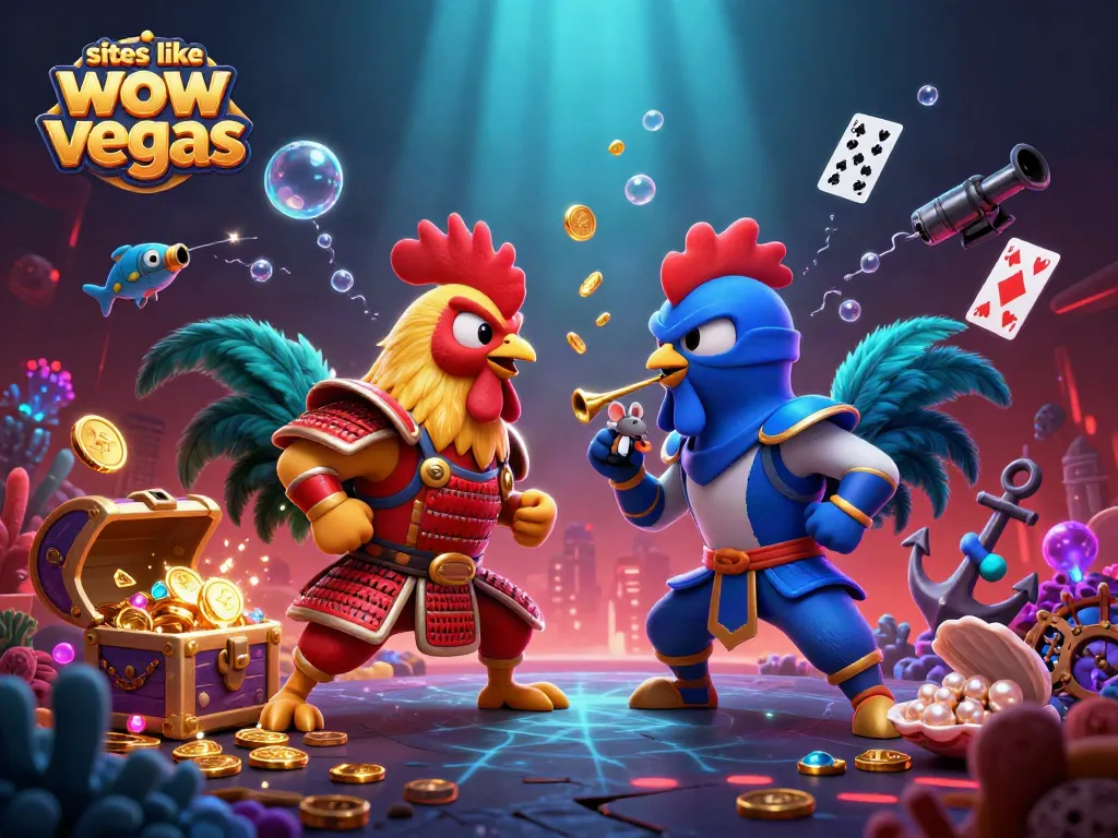 Engage with sites like wow vegas in this dynamic casino illustration featuring playful roosters and game elements.