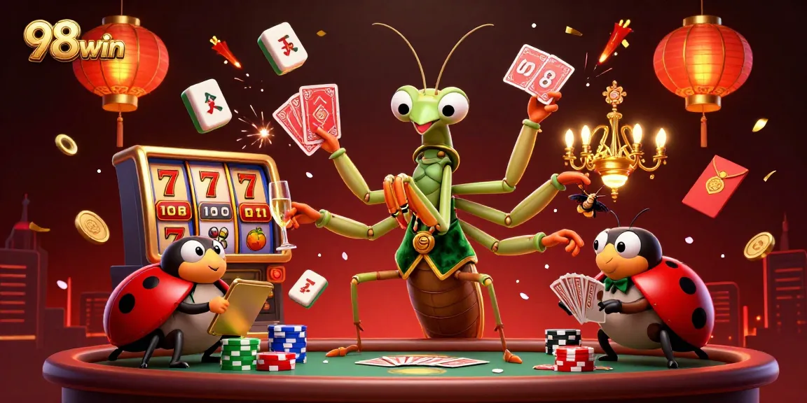 Join the excitement at 98win casino with vibrant games and lively characters in an illustrated casino scene.