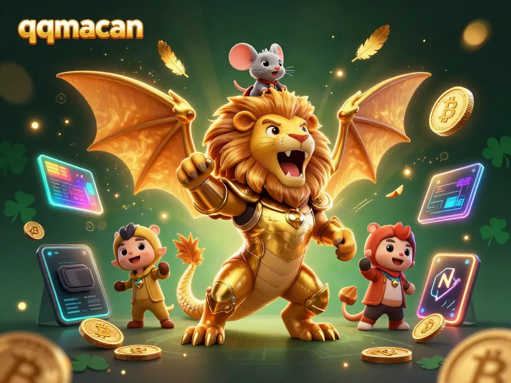 Experience the thrill of gambling at qqmacan with a roaring chimera and crypto elements in a dynamic 3D illustration.