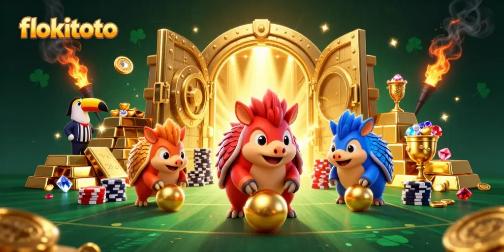 The pangolins in red and blue armor compete in a thrilling game with poker chips in flokitoto casino, showcasing animated action.