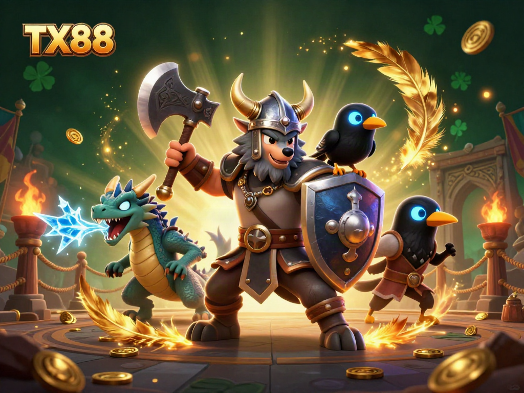 Experience TX88's thrilling casino world in a vibrant 3D illustration featuring a Viking wolf warrior and dragon.