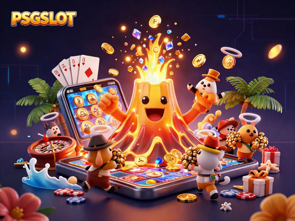Play exciting slots with PSGSLOT, featuring a golden volcano erupting coins and gems in a dynamic scene.