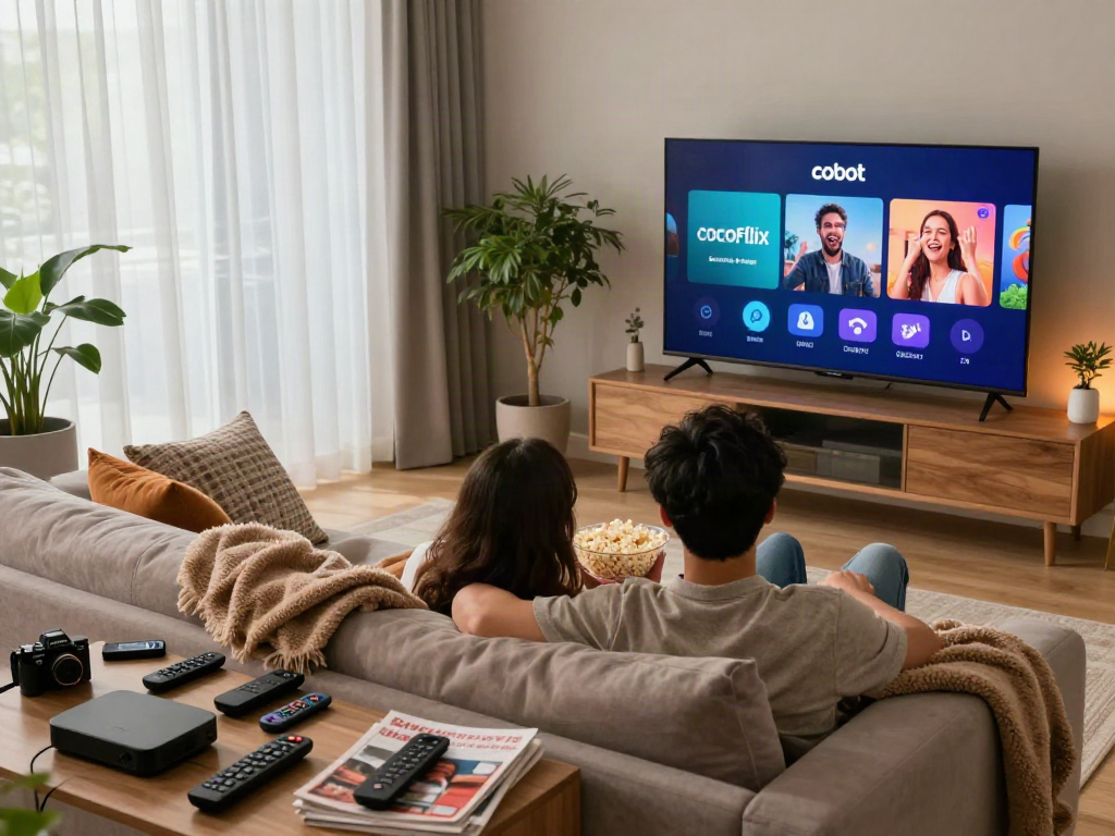 Enjoying a cozy movie night with cocoflix streaming on a large TV.