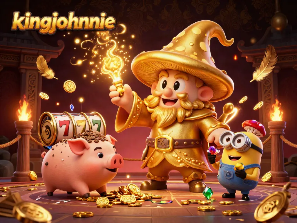 Engage with kingjohnnie's vibrant gambling world featuring a magical wizard and treasure-hunting pig.